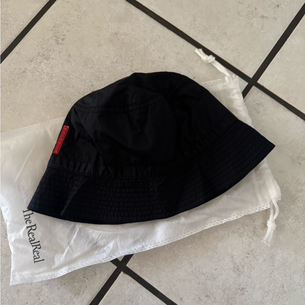 Prada Black Bucket Hat with Red Logo Tab
